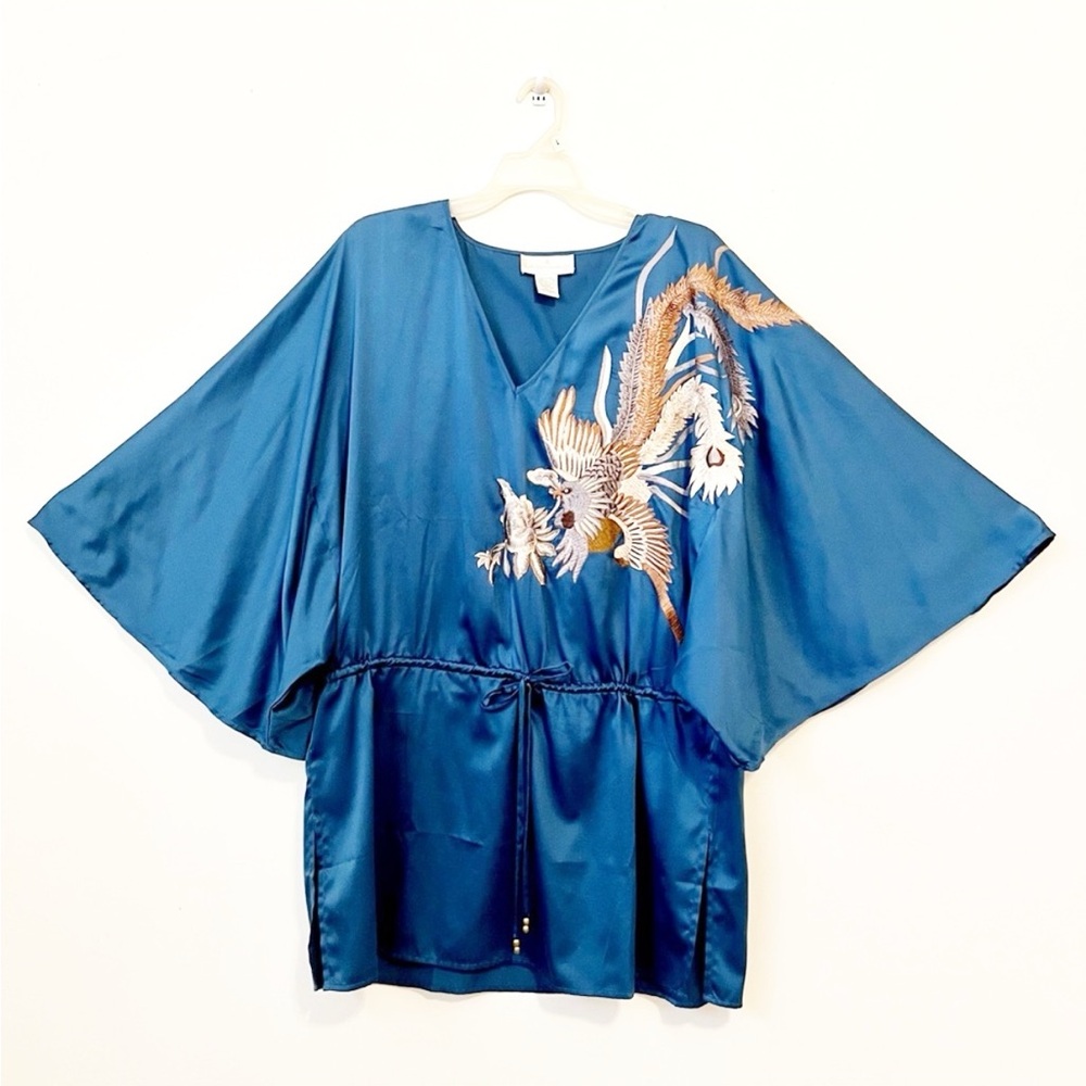 Soft Surroundings Teal Satin Kimono shirt with embroidered birds size XS